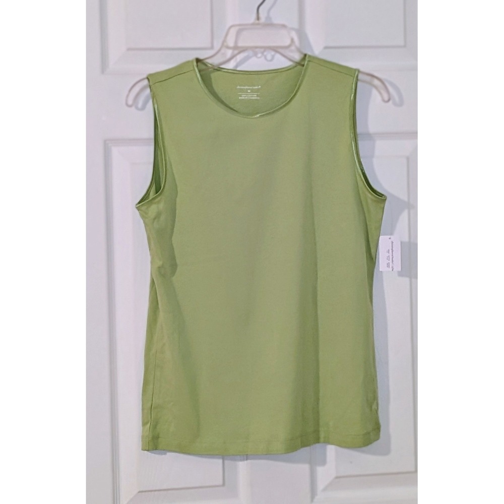 Christopher & Banks Tank Top Womens Medium Green Satin Trim Cotton Casual NWT